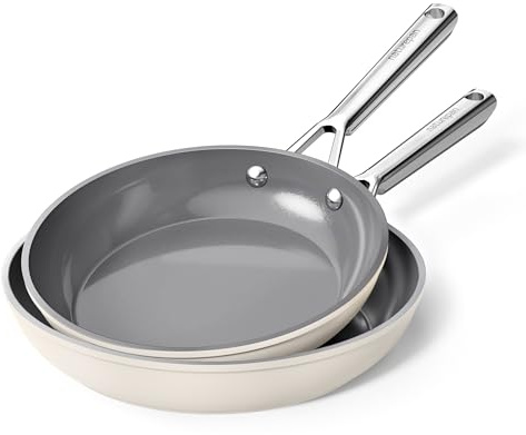 naturepan Diamond-Titanium Ceramic Nonstick Frying Pan Set, 2-Piece (24 & 28cm), PFAS & PTFE & PFOA Free, Stainless Steel Handle, Dishwasher/Oven Safe, Beige