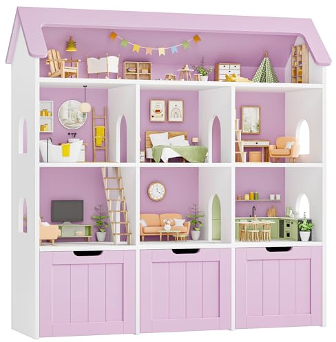 FOREHILL Porta Giochi Bambini, Scaffale Portagiochi Bambini con 7 Scomparti e 3 cassetti su Ruote, Mobile Porta Giochi, per Cameretta, Progettazione del Tetto, 120x30x117.5cm (Lilla)