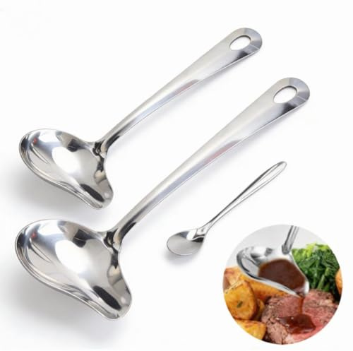 LOLANIUT Set di 2 Mestoli da Zuppa con Beccuccio Versatore, Salsa in Acciaio Inox, Piccolo Mestolo in Acciaio Inox, Mestolo per Salsa Argentato, Cucchiaio da Cucina, utensili da cucina per salse