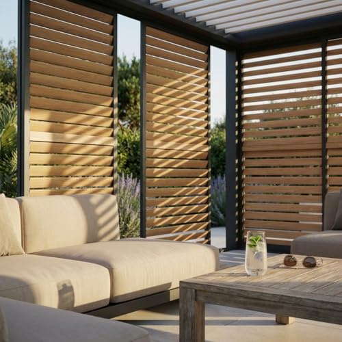 BS COM Laterale scorrevole per pergola bioclimatica con lamelle in alluminio - TONY Effetto Legno