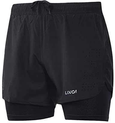 Lixada Hombres Pantalónes Cortos de Running 2-en-1, Pantalones Cortos de Atletismo, Pantalones Cortos de Fitness Maratón, Transpirable Pantalones+Secado Rápido
