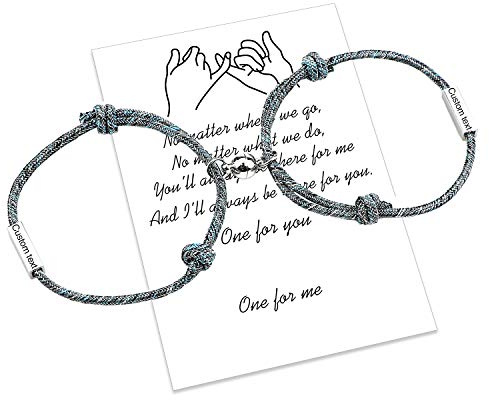 uwows Personalizar la atracción de cuerda trenzada 2 pulseras con campanas magnéticas 4 lados grabado perfecto regalo de joyería para pareja, familia, hermanas, mejores amigos (2pce blue)