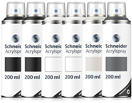 Schneider Paint-It 030 Acryllack Basic Set 1 (6 Dosen hochdeckende Sprühfarbe, UV-beständig, 6x 200 ml, Acrylspray für fast alle Untergründe) 2x black, 2x white, 1x dark grey, 1x grey