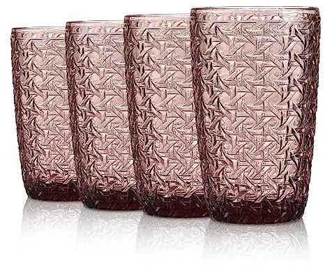 Joeyan Rosa Vasos de Agua con Relieve,Vasos de Vidrio Highball Cristalería,Tazas de Agua para Soda Cóctel Té Jugo Bebidas Leche,13 oz,Juego de 4,Apto para Lavavaj
