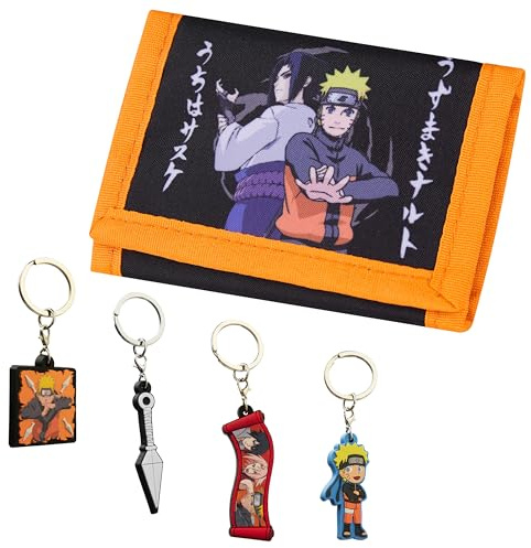 Naruto Geldbörse und Schlüsselanhänger Kinder Set - Kleine Geschenke für Kinder Anime Geldbeutel mit Metall-Schlüsselring (Mehrfarbig Geldbeutel mit 4 Schlüsselanhänger)