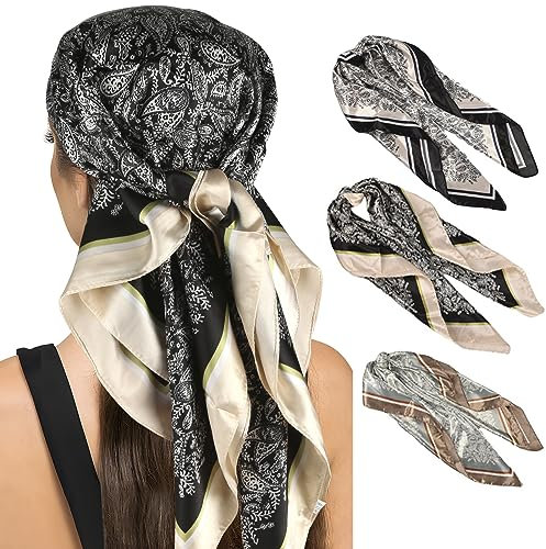 90 x 90 cm Kopftuch Seidentuch Halstuch für Damen 3 Stück Große Guadratische Elegante Schals Tuch für Frauen Satin Bandana Mädchen Moden Headscarf Haartuch Haarschmuck Quadratische Tücher