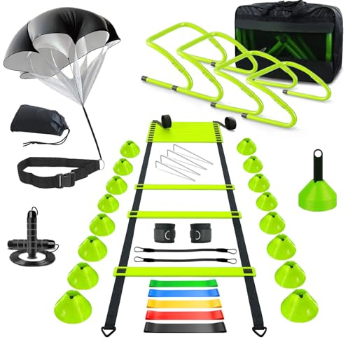 Haootadiy Agility Training Equipment, Football Training Equipment Includes 20FT Agility Ladder,4 Adjustable Agility Hurdles, 16 Football Cones, Parachute, for Training Soccer Athletes（Green）