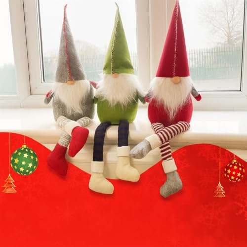 ASAB 3 Pack Christmas Gnomes Decorations Soft Gonks with Thick Long Beards Long Legs Tightly Sewed Swedish Ornaments Plush Figurines Santa Elf Fireplace Xmas Home Decor