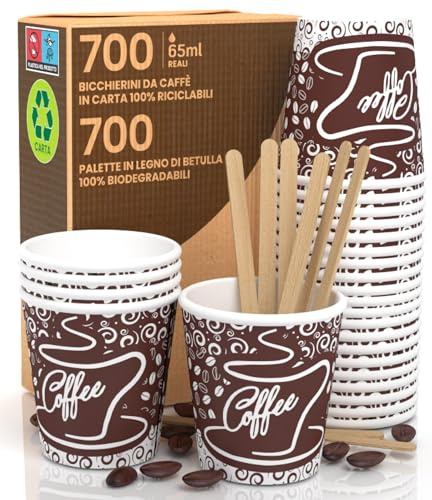 700 Bicchierini in Carta per caffè 65ml Bicchieri Ecologici Biodegradabili Monouso Piccoli Asporto Bevande Calde + 700 Palette in legno di Betulla