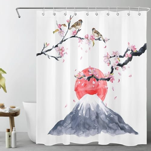 LB Japanischer Berg Duschvorhang 120x175cm(BxH) Vogel auf rosa Blumenbaum Antischimmel Wasserdicht Badezimmer Vorhänge, Rote Sonne Extra Kurz Polyester Stoff Bad Vorhang mit Haken