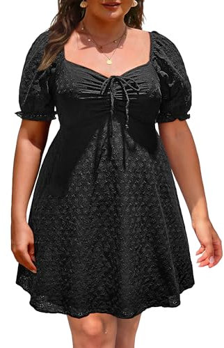 Pinup Fashion Plus Size Casual Eyelet Puff Sleeve Short Summer Sundress A Line Babydoll Cute Mini Dress, Black, 22 Plus