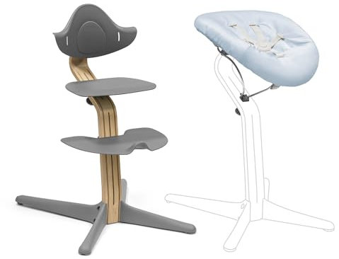 Stokke Nomi Silla Roble (Gris) + Newborn Set (Gris/Azul Grisáceo) - Incluye un Arnés de Seguridad de Cinco Puntos y Un Set de Tela Reversible y Lavable - Soporta hasta 150 kg