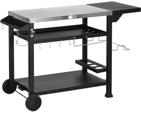 Outsunny Carro para barbacoa con mesa plegable, carro de cocina de exterior de acero inoxidable, 2 ruedas y accesorios, 125 x 65 x 84 cm, negro