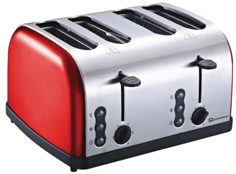 SQ Professional Gems Legacy Toaster 4 Slice with High-Lift and Wide Slots -High Lift Function - Reheat, Defrost, Cancel, Removable Crumb Tray -900W -Stainless Steel (4 Slots Toaster - Ruby)