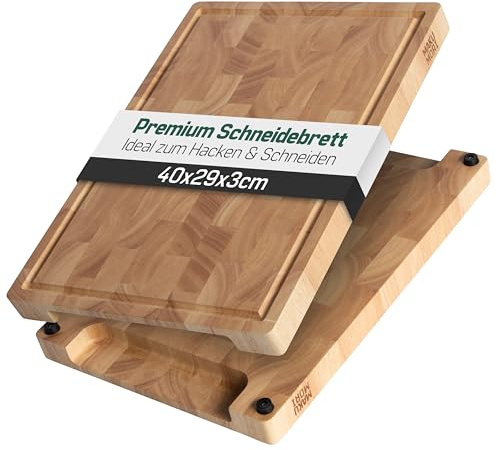 MAKUMORI Premium Schneidebrett aus Massivholz, Stirnholz, End Grain 40x29x3cm - Aus Heveaholz -FSC®-zertifiziert, Standfüße, Saftrinne und große Griffmulden