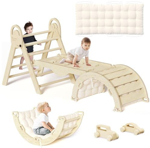 ElegantCrafts Pikler Triangle Set with Cushion, Montessori Climbing Set, Indoor Climb Toys, Indoor Playground Jungle Gyms, 9 Combinations Climbing Toy Set for Toddler, Baby, Kids 1-4