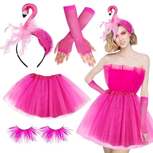 SANLIUSANJIU Costume Fenicottero Donna, (Gonna Tutu in Tulle Rosso con Ciglia Artificiali in Piuma Rossa, Cerchietto Fenicottero, Guanti Rossi), per Carnevale Festa Estiva Costume Hawaii