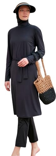 Islamic Patterned Modest Full Length Swimsuit for Women | 4 Piece Muslim Burkini Set (Top, Trousers, Hood, Bustier) | Long Sleeve Rash Guard with Full Coverage, Black-11, M