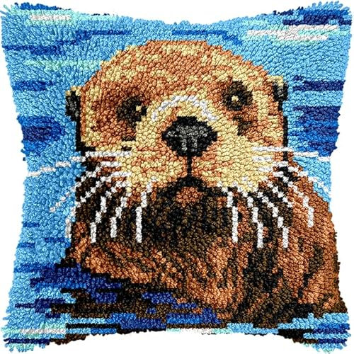 WallustrioaW Tier Kissen Knüpfen Kit,Otter,Knüpfkissen Set Für Anfänger Erwachsene Oder Kinder Zum Selber Knüpfen,DIY Knüpfteppich Knüpfpackung,43x43cm