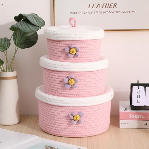 DEMEIHUA körbe mit deckel geflochten, AufbewahrungsköRbe Bad, Korb Mit Deckel Rund, Aufbewahrungskorb Mit Deckel, Geflochtene Aufbewahrungskörbe (Gänseblümchen rosa)