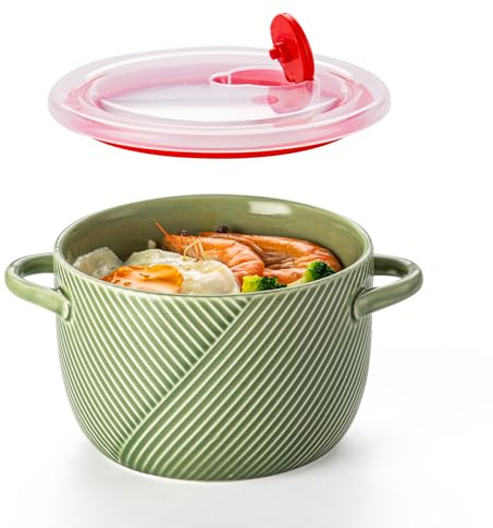 Adewnest Ceramic Soup Bowl with Lid & Handle: 32 oz Large Kitchen Container for French Onion Meal Prep Cereal Ramen Oatmeal Dorm Living Single Serve Dinner Work Lunch Food Storage - Green 1 PCS