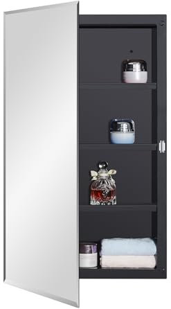IDYLLOR DYLLOR Black Plastic Medicine Mirror Cabinet for Bathroom with 16 x 26 inch Beveled Edge Mirror, Recessed and Surface Mount