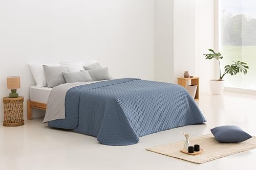 Todocama – Copriletto trapuntato sottile con motivo a stella per primavera, estate, autunno e inverno. 100% microfibra extra morbida. Copre letto multiuso. Letto 105-200x260 cm blu grigio