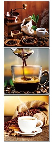 BERLIG Glasbilder Set 3er 30x30 cm Sicherheitsglas – Moderne Wandbilder für Wohnzimmer, Küche & Bad – Sonnenuntergang, Strand, Kaffee & Spa – inkl. Geschenkbox