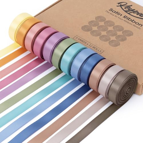 Keypan Pastel Satin Ribbon Set, 12 Rollen, 9.5mm x 54.9m | Thick Double-Faced ribbons for Balloons, Crafting, Gift Wrapping, Christmas Decor, Farmhouse Decor, and Hair Bows