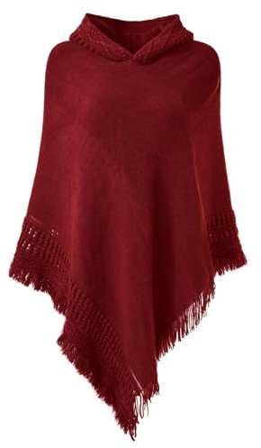 Ferand Women's Witchy Hooded Knit Poncho with Fringe, Burgundy