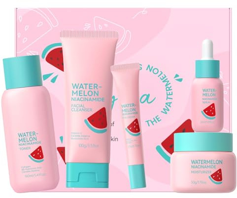 BeauBase Set regalo per la cura della pelle Anguria Nicotinamide,Kit per la cura del viso 5 pezzi,Glow Up Skincare Set, per donne e adolescenti, adatto a tutti i tipi di pelle