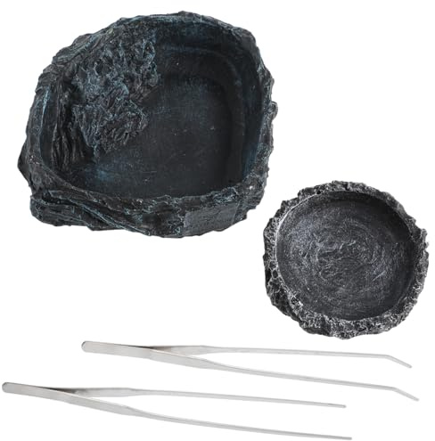 VILLFUL de Resina y Acero Inoxidable para Reptiles 2 Cuencos Adecuado para Contener Comida y Agua con Superficie Simulada de Roca con Pinzas Incluidas para Tortugas y Camaleones