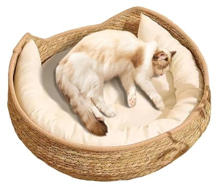 Tejiendo nidos para gatos | Cama tipo cesta mimbre para gatos | Cama nidos tejida para gatitos interior para todas las estaciones con cojín | Cómodo n-ido mascotas tejido mano para moler dormir garras