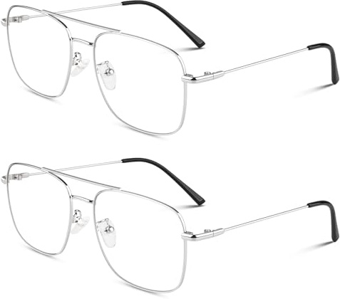 LINVO Gafas falsas estilo piloto retro moda marco de metal sin receta lentes transparentes anteojos mujeres hombres UV400, Paquete de 2 / Plata + Plata
