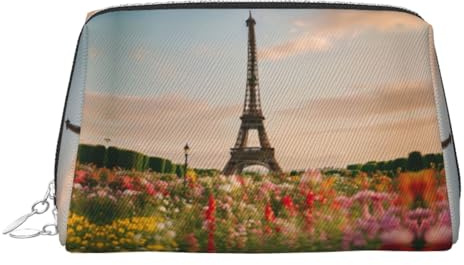 Beautiful Eiffel Tower Paris Print Leather Cosmetic Pouch, Leather Makeup Bag for Purse with Top Zip Closure Stylish Toiletry Bag
