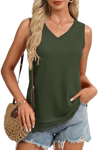 YUCOLEN Tank Tops for Women Loose Fit V Neck Flowy Tops with Lace Hem Summer Sleeveless Shirts Army Green S