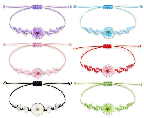 Lot de 6 Bracelets d'Amitié en Forme avec Fleurs, Bracelets Tressés à la Main Réglables, Cadeau d'Anniversaire, Bijoux pour Femmes, Filles, Couples et Occasions Spéciales