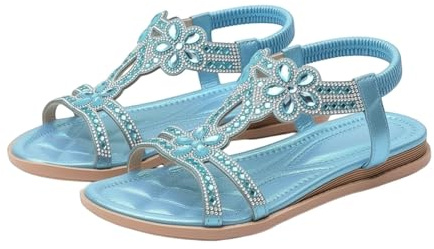YIzdegg platta sandaler damer sommar – stora storlekar strass bohemia T-remmar glitter sandaler mjuka sulor sommarskor gummiband Slingback eleganta strandskor anpassningsbara sommarstrand