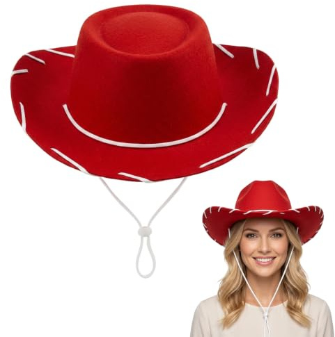 Efuwfugc Red Cowboy Hat, Western Costume Accessory with Adjustable Chin Strap,jessie toy story hat Ideal for Themed Parties and Music Festivals, Cowgirl Hat for Adult Costume Events