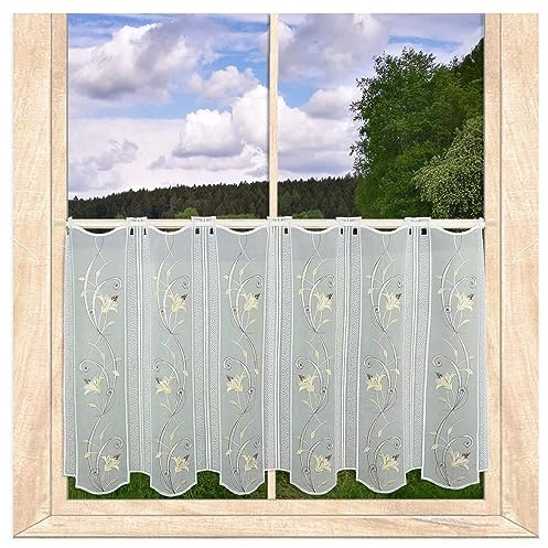 atelier alles-Spitze Elegante Scheibengardine Blütenranke in weiß-beige-braun | Halbtransparente Vogtländische Stickereigardine | Höhe x Breite 55 x 64 cm