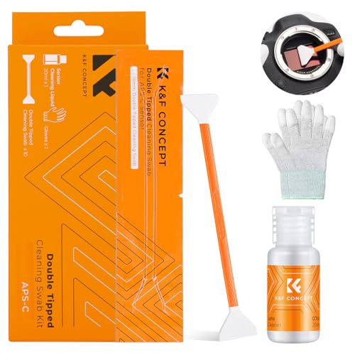 K&F Concept APS-C sensor rengöringssats, digital kameralinsrengöring – 20 ml rengöringsmedel, handskar och 10 x 16 mm dubbeltippade kompresser för APS-C-typ CMOS & CCD-sensorer