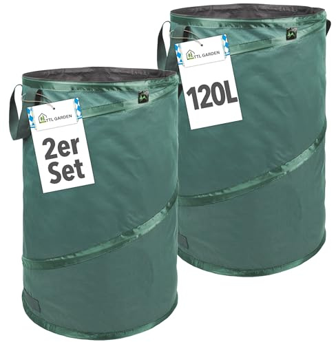 TTL GARDEN 2x 120L Premium Pop Up Gartensack - 220gsm 600D Oxford Gewebe selbstaufstellend robust & wasserfest - 2er Set 120 Liter – Gartenabfallsack Laubsack Sack Gartenschnitt faltbar