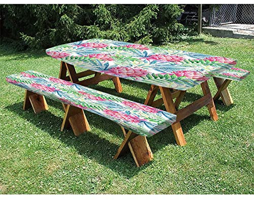 Mantel de mesa de picnic de hojas de palma con fundas de banco, funda de mesa ajustable de 3 piezas, fondo de plantas tropicales de la selva, para fiestas de picnic al aire libre, 28 x 72 pulgadas