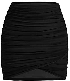 GORGLITTER Damen Figurbetonter Rock Elastischer Bund Minirock Bodycon Sommerrock Hohe Taille Röcke Enger Rock mit Rüschen Schwarz L