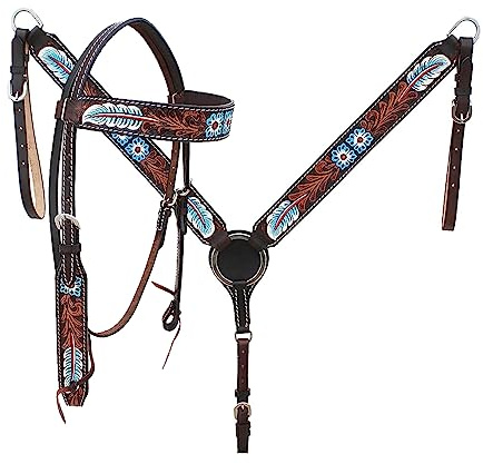 Western Horse Headstall Bridle Breast Collar Reins Tack Set Leather Floral Tooled Handmade Full Cob Pony Breastplate ME-HBC-085 (Full)