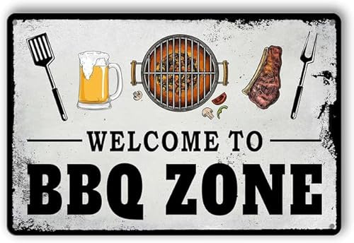 Geroclonup Targa in latta con scritta BBQ Zone in stile vintage, per grigliare e decorare barbecue all'aperto, cartello in latta con scritta Welcome to BBQ Zone, cartello in metallo per barbecue,
