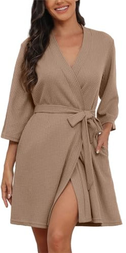 PrinStory Bademäntel Damen Leicht Waffel Kurz Morgenmantel 3/4 Armel Kimono Roben Lässig Reisebademantel Saunamantel Loungewear (Khaki,M)