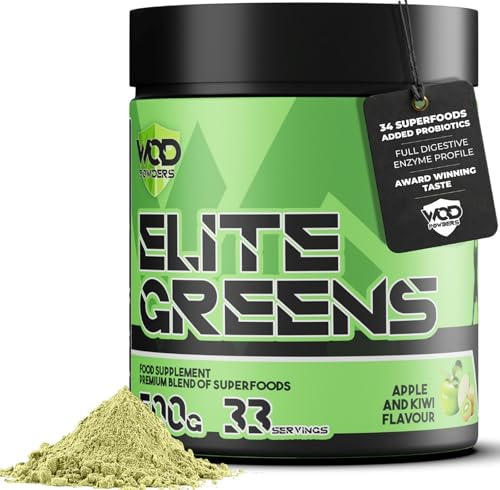 Elite Greens Powder - WOD Powders | 34 Vegan Superfoods - Natural Freeze-Dried Ingredients, Greens, Fruits, Berries, Vegetables, Prebiotics, Probiotics & Digestive Enzymes - 500g (Apple & Kiwi)