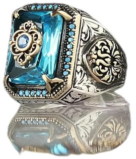 LWXLP Bague chevalière turque faite à la main pour hommes, Vintage, couleur argent, motif sculpté, incrustation de Zircon vert, bague Punk de fête