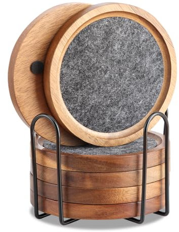 Acacia Wood Coasters for Drinks, HALE OTEIR 4.13 Inch Felt Wooden Coasters for Coffee Table Absorbent Set of 6 with Holder, Natural Wood Stackable Reusable Coasters for Home Office Coffee Bar Table
